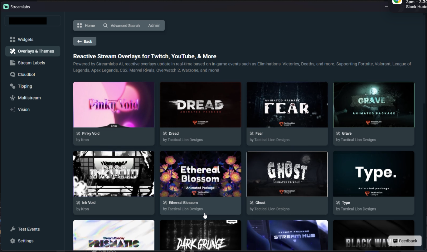 Overlays tab in the Streamlabs Plugin for OBS